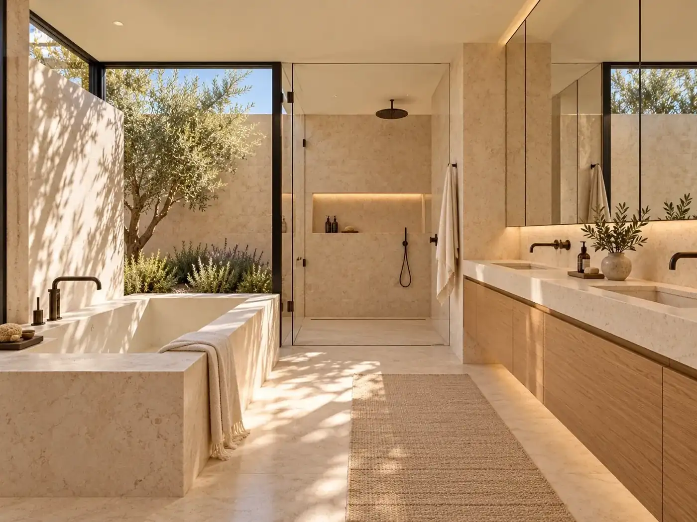 Primary bathroom — Casa Levante, AI-assisted conceptual visualization