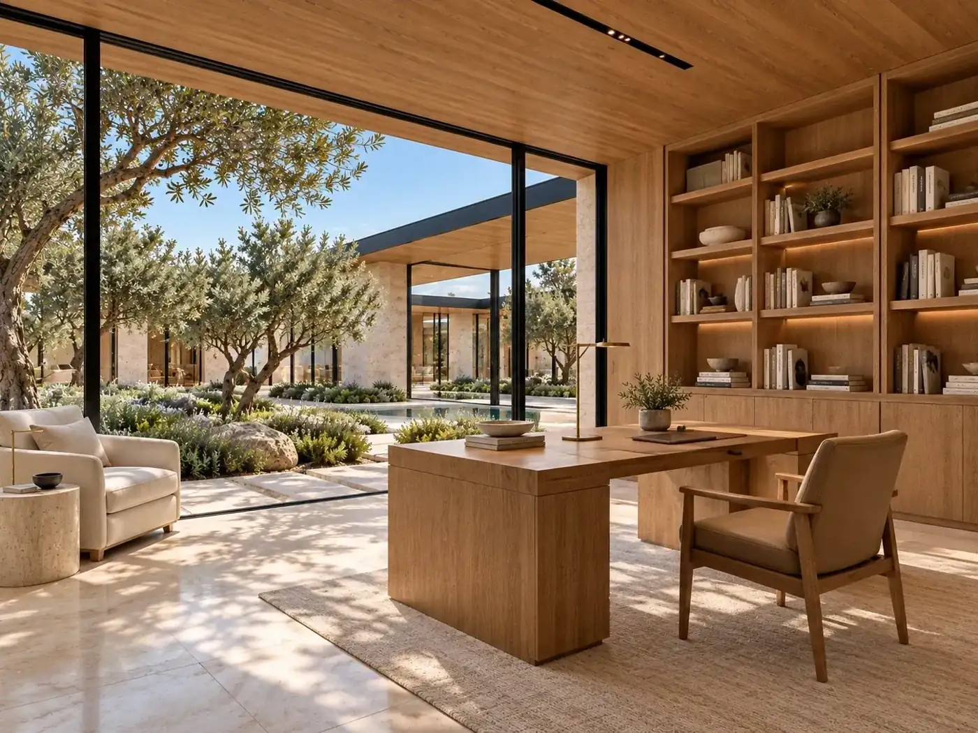 Study / library — Casa Levante, AI-assisted conceptual visualization