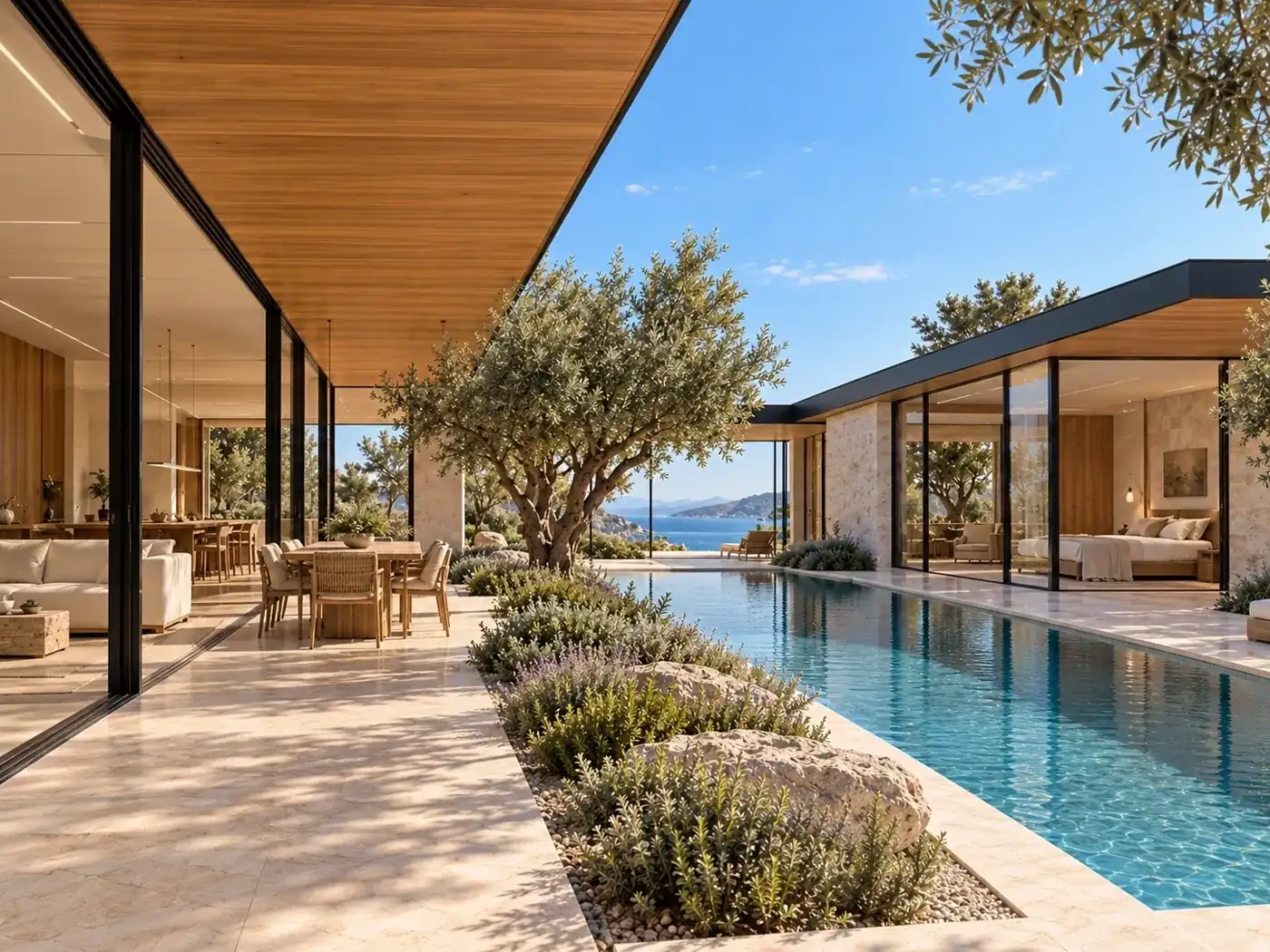 Pool terrace / dining — Casa Levante, AI-assisted conceptual visualization
